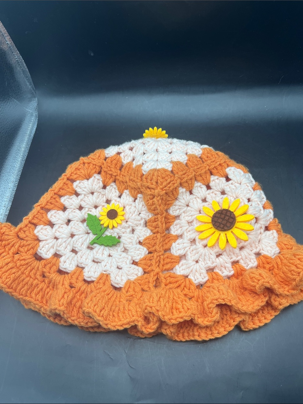 Orange white crochet handmade sunflower hippie bucket hat boho festival